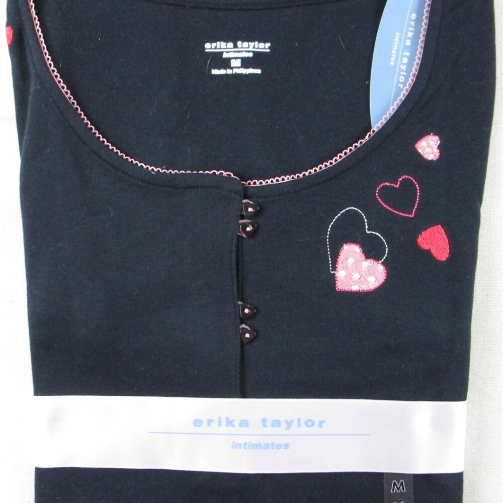 NWT Erika Taylor SS Black with Hearts Knee Length Nightgown, Medium
